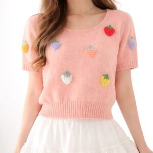 Luna Ivy Anthropologie Puffy Strawberry Short Sleeve Cropped Sweater